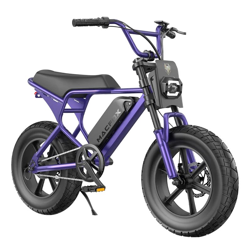 Purple Macfox M16 eBike side view, displayed against a white background.
