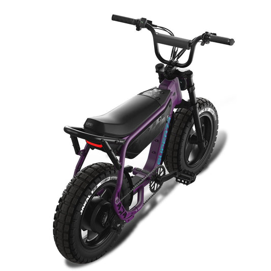 Side view of a Super73 MZFT eMOTO eBike in a showroom, designed for in-store pickup only, featuring a sleek frame and modern styling.