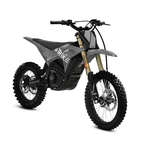 Side view of the eMOTO Strike Shadow SV2 72V electric motorcycle in black, showcasing its sleek design, large wheels, and modern frame against a plain background.