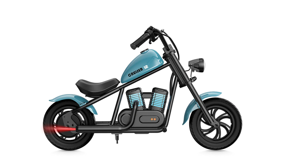 Blue eMOTO Hyper Gogo Cruiser 12 Plus electric bike shown with and without training wheels.