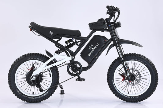 White eBike Ghostcat F4X side view, showcasing frame design, wheels, and handlebars against a plain background.