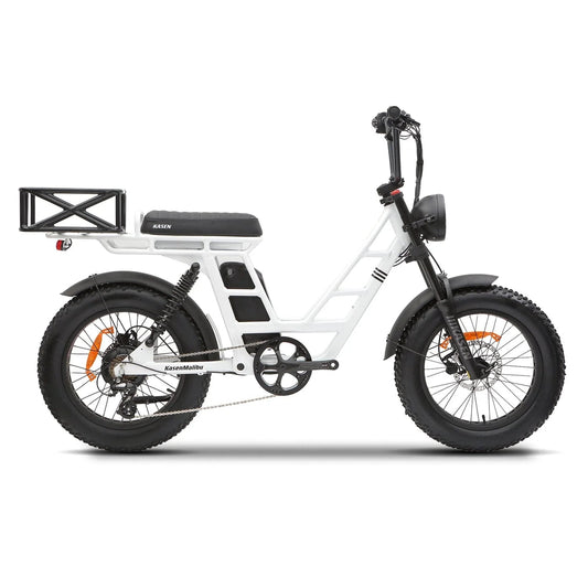 White Kasen Malibu eBike packaged inside a cardboard shipping box