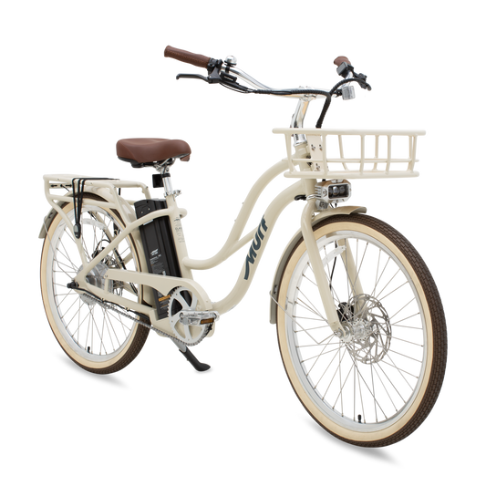Side view of a Murf Gigi eBike in bone color, showing its step-through frame, wide tires, and comfortable saddle against a plain background.