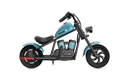 Blue eMOTO Hyper Gogo Cruiser 12 Plus electric bike, side view, on a white background