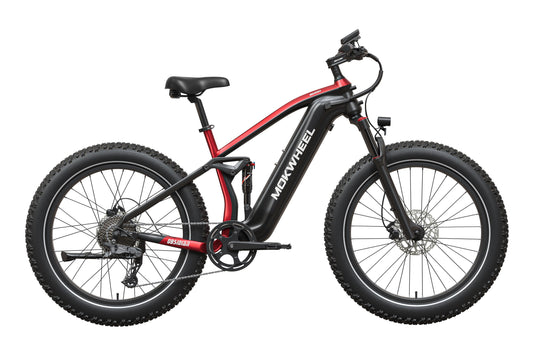 Mokwheel Obsidian 2.0 Step Over in Black and Red, side view, in store and ready to ride at eBike Super Shop San Diego
