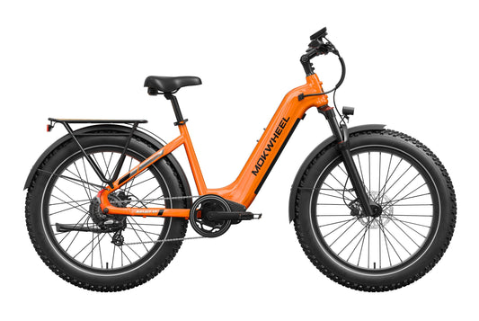 Mokwheel Basalt 2.0 Step Over in Orange, side view, in store and ready to ride at eBike Super Shop San Diego