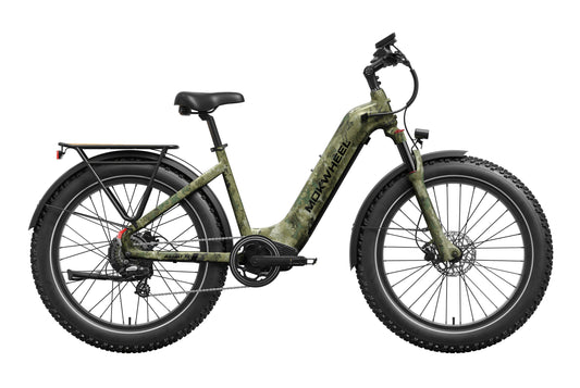 Mokwheel Basalt 2.0 Step Thru in Jungle Camo, side view, in store and ready to ride at eBike Super Shop San Diego