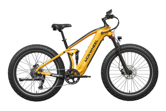 Mokwheel Obsidian 2.0 Step Thru in Black and Yellow, side view, in store and ready to ride at eBike Super Shop San Diego