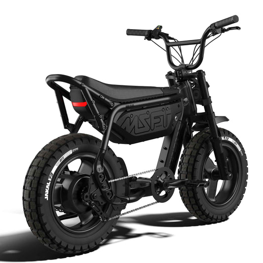 Side view of the Super73 MZFT SE eMOTO eBike in a showroom, highlighting its sleek frame and modern design, available for in-store pickup only.