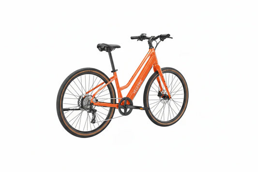 Velotric Tempo Mid Step eBike in Sunset Tangerine color, side view, against a plain background