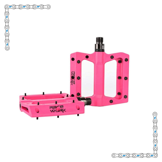 Electric bike pedals in a bright electric pink color, designed for eBikes, product image.