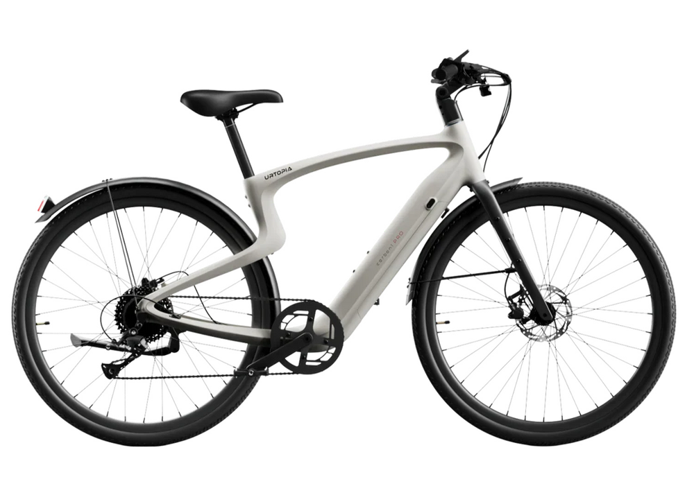 Urtopia Carbon Classic eBike in creme color, shown in small, medium, and large sizes