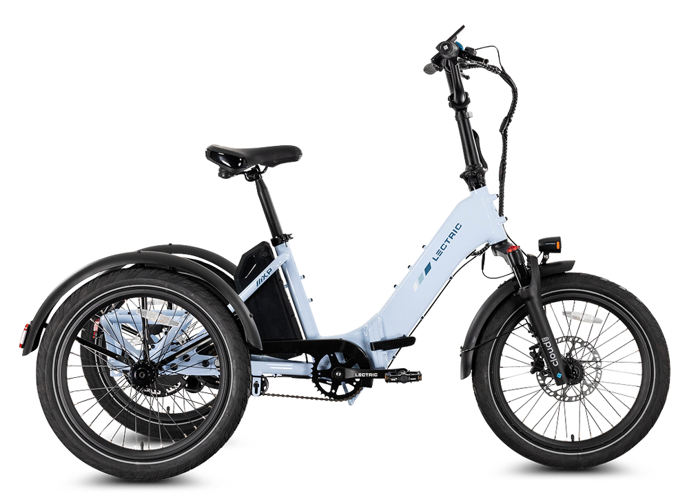 Lectric XP Trike 2 electric tricycle in Glacier Blue, side view, studio background