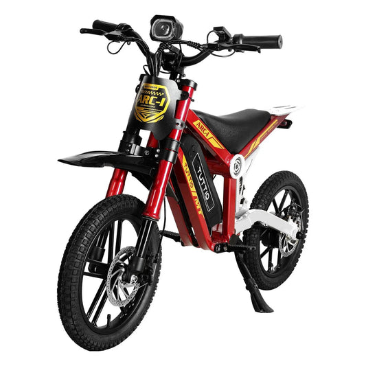 Gold eMOTO TUTTIO ARC-I kids electric moto bike, side view, on white background