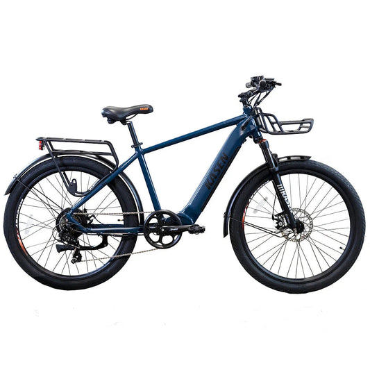 Blue Kasen Cross eBike packaged inside a cardboard shipping box