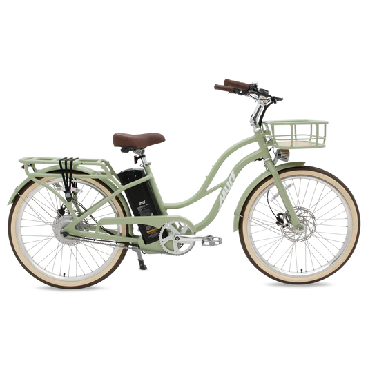 Sage green Murf Gigi 2.0 eBike, side view, with step-through frame and wide tires, displayed for pre-order.