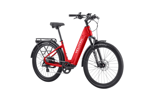 Velotric Discover 2 electric bike in Cherry Crimson color, side view, against a white background