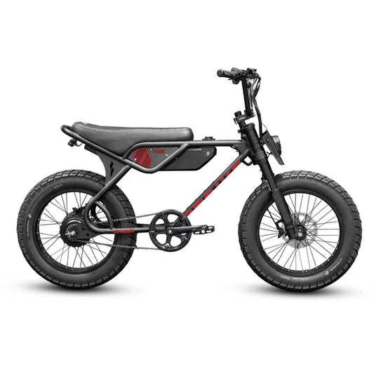 Black and rose-colored eBike Strike Spyder electric bicycle, side view, showcasing sleek frame and modern design.