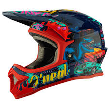 O'Neal 1 SRS eMOTO Helmet in Rex Multi design, XL Youth size, side view showing colorful graphics and ventilation features