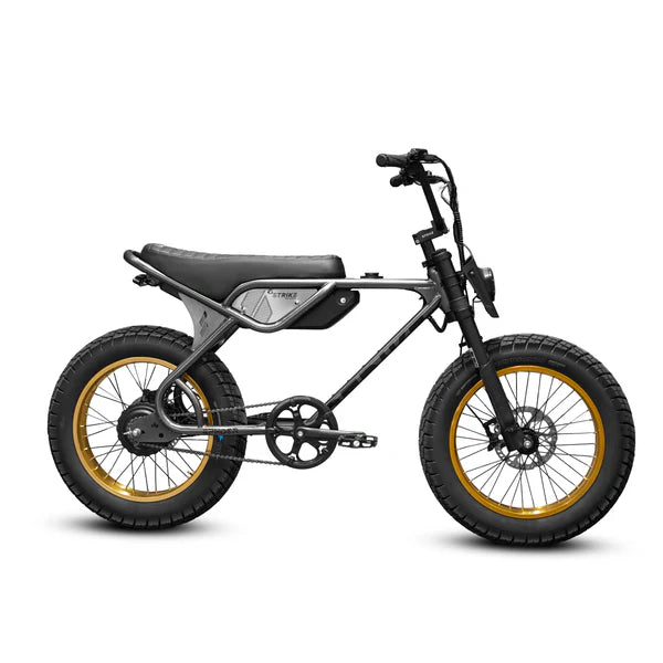 Graphite and gold eBike Strike Spyder electric bicycle, side view, on white background