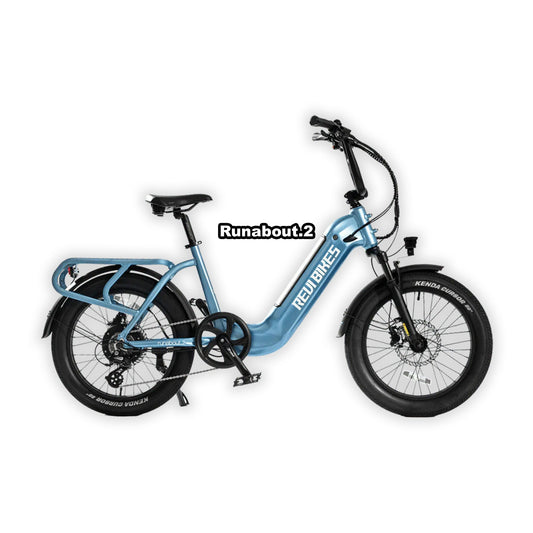 eBike Revi Runabout.2 in Water Blue color, shown in its box, product image