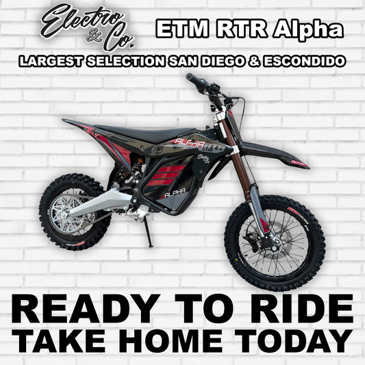 Black eMOTO Electro & Co RTR Alpha electric motorcycle, side view, on a white background