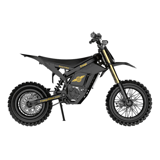 Side view of the Freego Nova 5 Mini eBike in black, showing its compact frame, thick tires, and foldable design against a plain background.