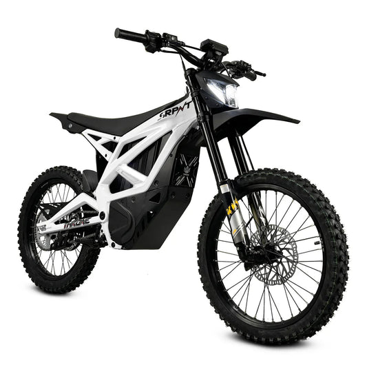 White eMOTO Strike SRPNT X3 electric motorcycle, side view, model "Savage 2"