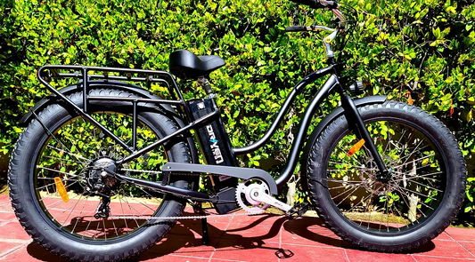 Black step-thru eBike Driven HD Rocket electric bicycle, side view, on white background