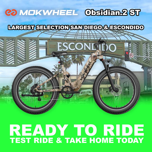 Mokwheel Obsidian ST 2.0 eBike in Desert Camo color, side view, ready to ride, product image