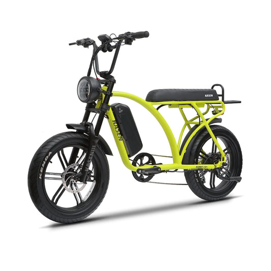 Green Kasen Kabbit Plus eBike, ready to ride, shown with 14.5AH and 17.5AH battery options, side view.