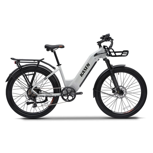 Kasen City 2.0 electric bike in gray, packaged inside a cardboard shipping box, partially visible with protective materials, product model "in box grey 5".