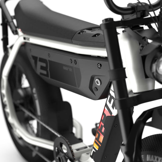 Side view of the eMOTO eBike Super73 M1D SE in a showroom, highlighting its sleek frame, thick tires, and modern design.