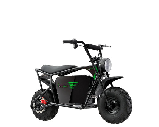 A black eBike Drift Hero 1000W Mini electric bike with thick tires, compact frame, and handlebars, displayed on a white background.