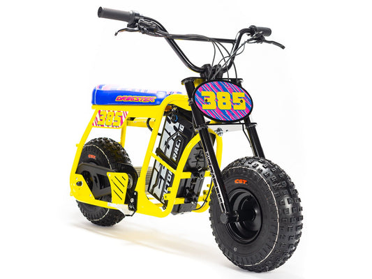 eMOTO Stomp Ebox Dragster Micro Electric Pit Bike, side view, black and green color scheme, displayed on a white background