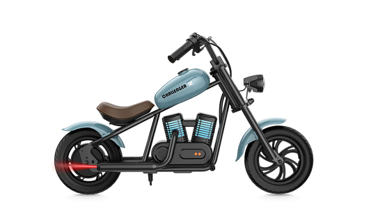 Blue eMOTO Hyper Gogo Challenger 12 Plus electric bike, side view, on a white background