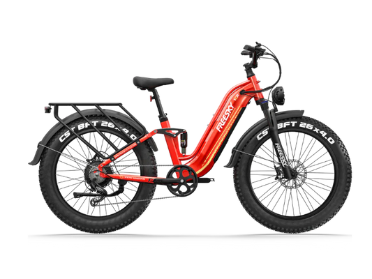 Red Freesky Wild Cat Ultra A-340 electric bike, side view, displayed on a white background.
