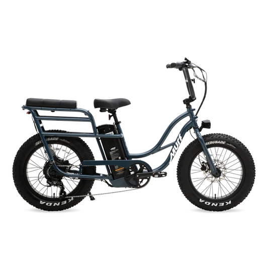 Marine blue Murf Higgs Plus eBike side view, showcasing step-through frame, wide tires, and rear rack