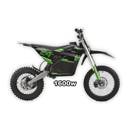 eMOTO Drift Hero 1600w dirt bike in black, shown in its box