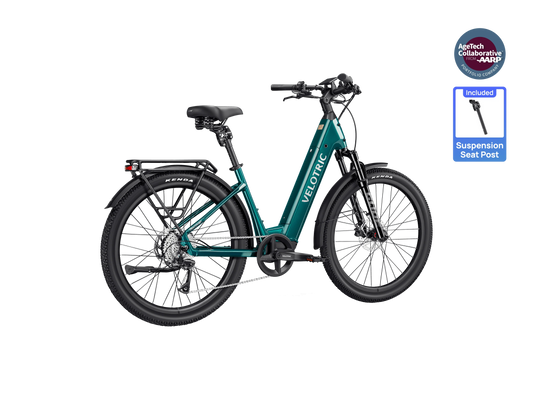 Emerald green Velotric Discover 3 eBike side view with step-through frame and black tires