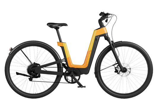 Urtopia Carbon Fusion Pro eBike in Vital Orange, side view, showcasing sleek carbon frame and modern design