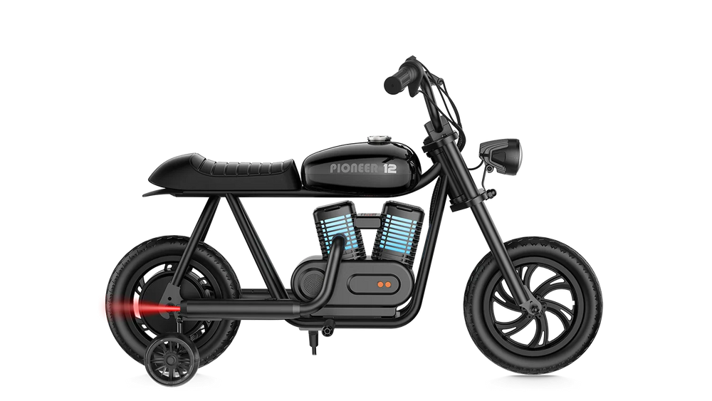 Black eMOTO Hyper Gogo Pioneer 12 Plus electric bike with training wheels, side view