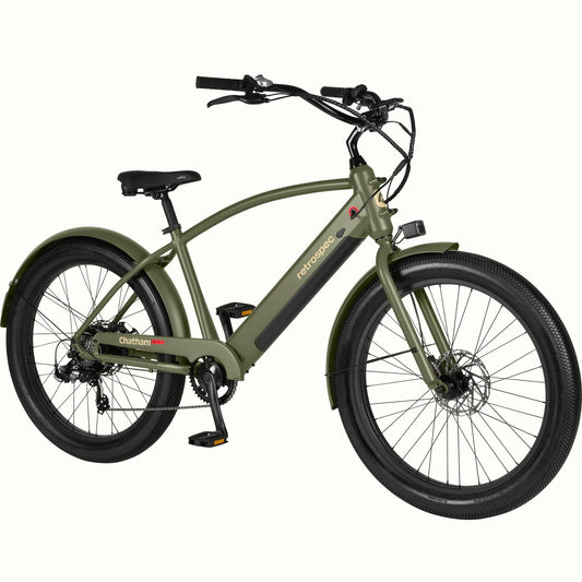 Matte olive drab Retrospec Chatham Rev Plus 2 eBike, step-over frame, side view, on white background
