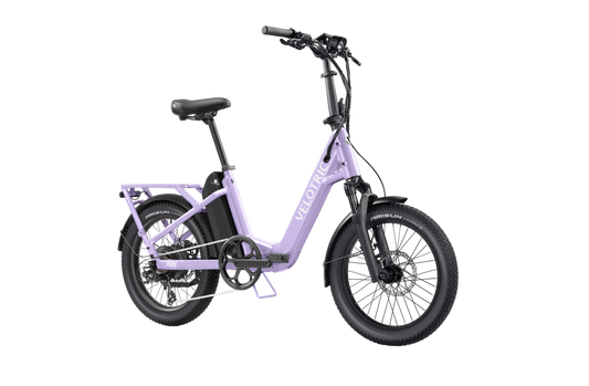 Velotric Fold 1 Plus eBike in Violet Haze color, shown folded for compact storage