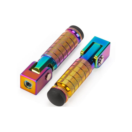 Rainbow-colored alloy bicycle pedals displayed against a plain background.