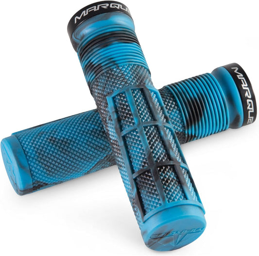 Blue and black eBike grips with textured surface, displayed on a black background.