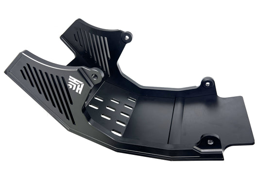 Black eMOTO Heavy Hitter Surron V2 skid plate, angled view, product image on white background