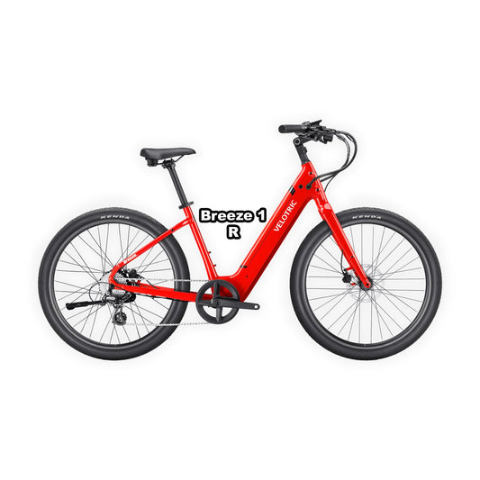 Velotric Breeze 1 eBike in Classic Scarlet color, regular frame, shown in box with product packaging, model number 850060178764