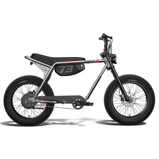 Side view of the Super73 ZX Core Legacy Series eBike in Metallic Aluminum, showcasing its sleek frame, wide tires, and minimalist design against a plain background.