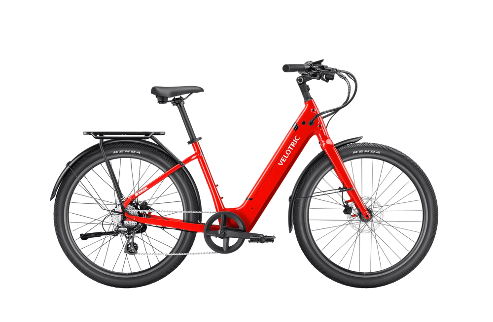 Classic Scarlet Velotric Breeze 1 eBike, regular size, large frame, side view on white background